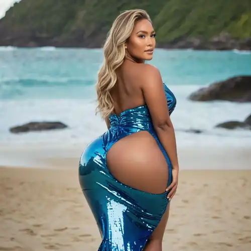 Caribbean woman with bronzed skin and blonde hair in sequin gown highlighting her massive backside